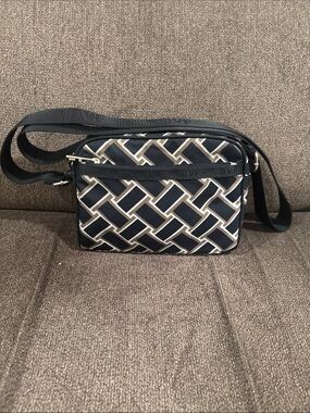 Diane Von Furstenberg Navy and White Crosshatch Shoulder Bag